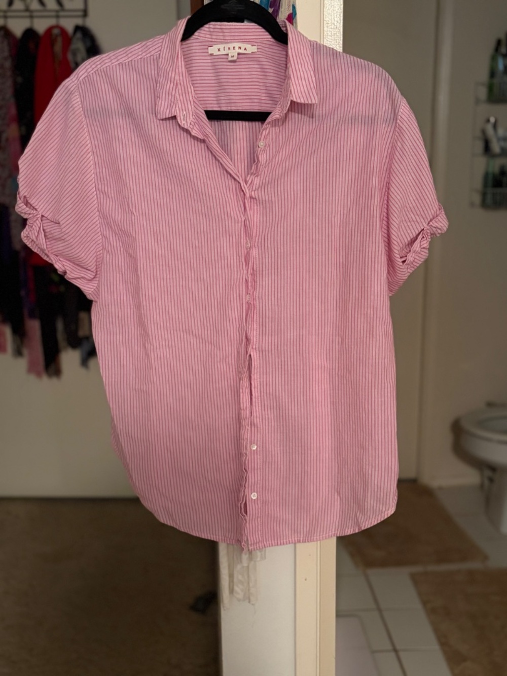 XiRENA Channing Shirt Pink Kiss Striped Cotton Poplin Size M